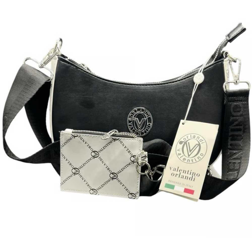 VALENTINO ORLANDI ITALY BLACK/WHITE ADJUSTABLE CROSSBODY SHOULDER BAG & POUCH